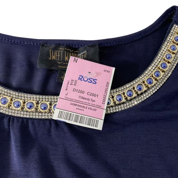 Sweet Wanderer Maternity Medium Navy Blue Embellished Neckline Blouse Top New - Picture 7 of 14